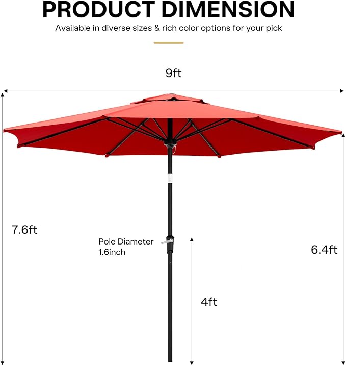 Sannwsg 9/10 FT Patio Umbrella Outdoor with 8 Premium Fiberglass Ribs, Push Button Tilt and Crank, UV Protection Table Market Umbrella for Pool, Porch, Garden, Deck, Backyard, Outside