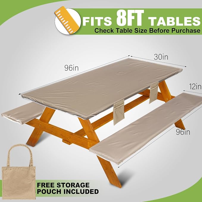 Wrakus Picnic Table Cover with Bench Covers Vinyl Elastic Edges Fitted Rectangle Seat Tables Waterproof 3-Piece96X30in Set Outdoor Rectangular Folding Backing Tablecloth for Camping Over Size