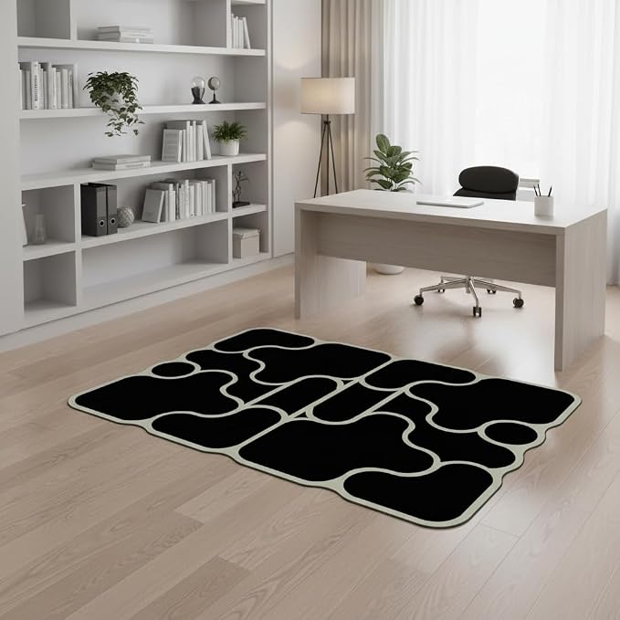 Minimalist Abstract Splicing Pattern Geometric Black Green Asymmetrical Rug 7x9 Faux Wool Thin Non Slip Durable Easy Care Home Deco Irregular Rugs for Living Room Bedroom Dining Room Nursery