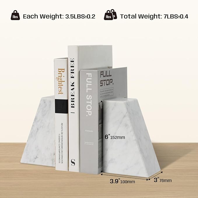Marble Bookends for Shelves, Decorative Book Ends, 10lbs Heavy-Duty Marble Book Holders, Stone Bookshelf Decor, Carrara White
