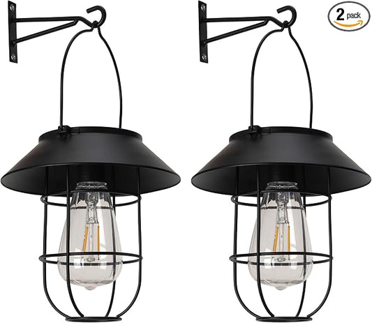 Livinlarge Solar Lanterns Outdoor Waterproof,Hanging Solar Lights for Outside with Wall Hooks Windproof Hook,Retro Metal Outdoor Lanterns Auto On/Off for Porch,Patio,Garden,Yard Decor 2 Pack（Black）