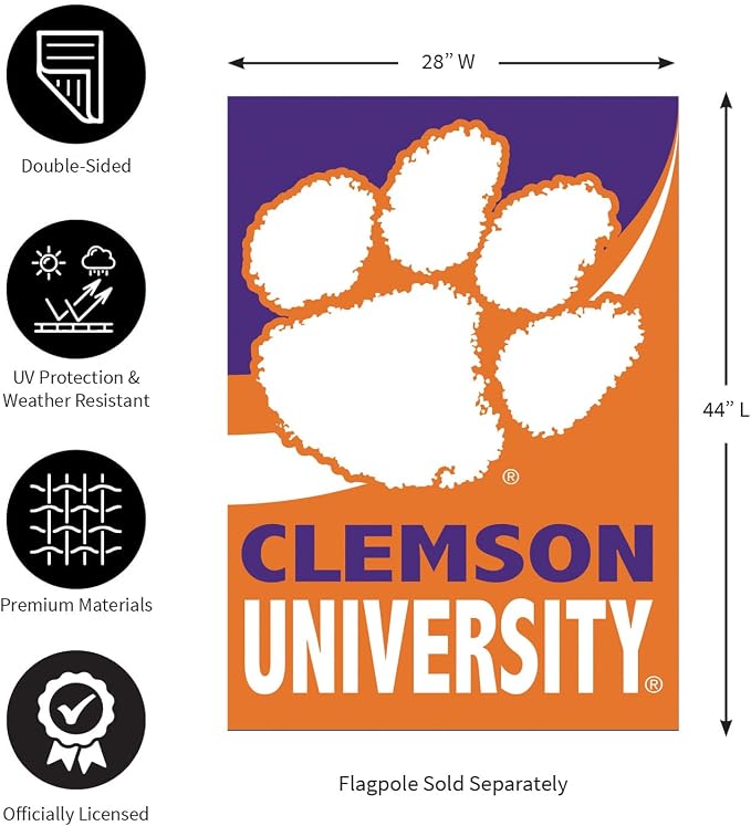 Team Sports America NCAA Clemson University House Flag, 28 x 44, Double Sided Garden Flags for Outside, Outdoor College Flags & Banners for Gardens Patio, Indoor Wall Decor Flag for Room