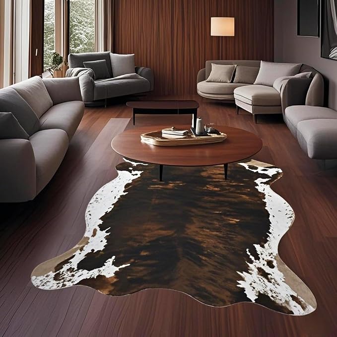 Sgizoku Cow Print Rug - 3.6x2.5 Feet Cow Hide Rugs Faux Cowhide Rug Cute Area Rug Fun Western Room Decor Cow Rugs for Living Room Bedroom Non-Slip Yellow-Brown(43 inches x 29 inches)