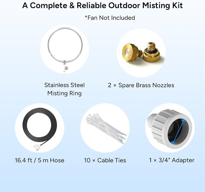 DR.PREPARE Stainless Steel Misting Fan Kit, 16.4ft Mist Hose Fan Mister, Outdoor Water Sprayer for Patio Backyard, Portable Cooling Mist System, Independent Valve for Control (Fans Not Included)