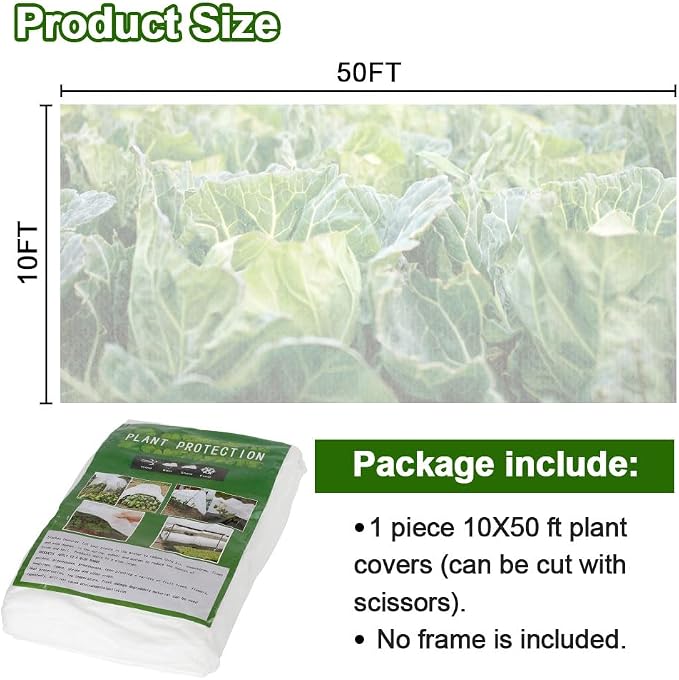 Plant Covers Freeze Protection, 10x50FT Reusable Thickened Winter Floating Row Covers, Frost Cloth Blanket Shade Cloth Garden Fabric Plant Cover for Raised Beds Vegetables Insect Winter Frost