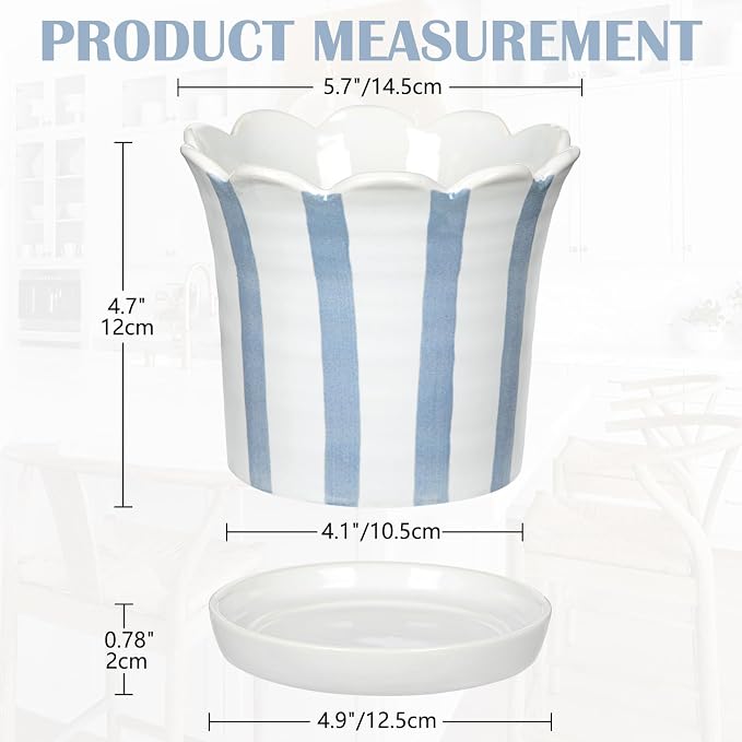 Ceramic Plant Pots, 5.8 Inch Planter Pot with Drainage Hole and Sauser, Stripe Ceramic Planters with Floral Edge for Indoor Succulent Flower Orchid Plants Home Room, Blue