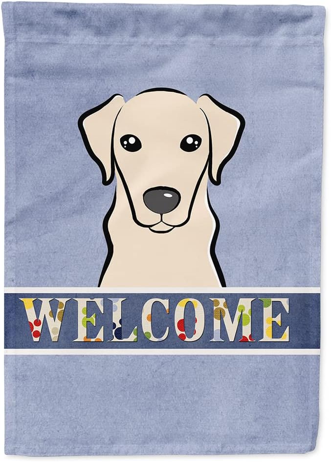Caroline's Treasures BB1408CHF Yellow Labrador Welcome House Flag, Blue Large Porch Sleeve Pole Decorative Outside Yard Banner Artwork Wall Hanging, Polyester, House Size, Multicolor