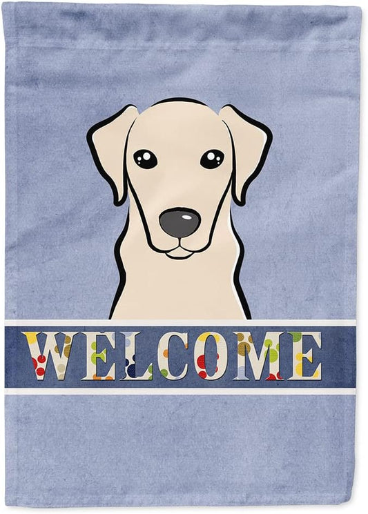 Caroline's Treasures BB1408CHF Yellow Labrador Welcome House Flag, Blue Large Porch Sleeve Pole Decorative Outside Yard Banner Artwork Wall Hanging, Polyester, House Size, Multicolor