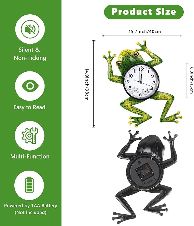Frog Outdoor Clock with Thermometer & Humidity, Outdoor Wall Clock Silent Non-Ticking Outside Clocks for Patio, Garden, Home Decor