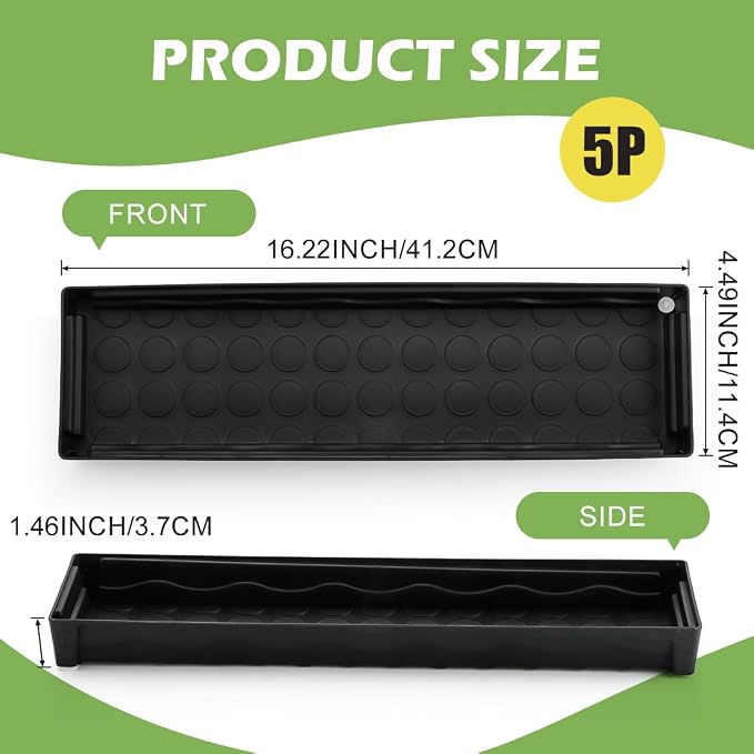 5 Pack Plastic Window Sill Saucer (16"x5.5"x1.5"), Rectangular Windowsill Plant Pot Trays with Removable Drainage Hole, Thick Plant Saucer Tray for 4 inch (10CM) Flower Seedling Pots (Black)