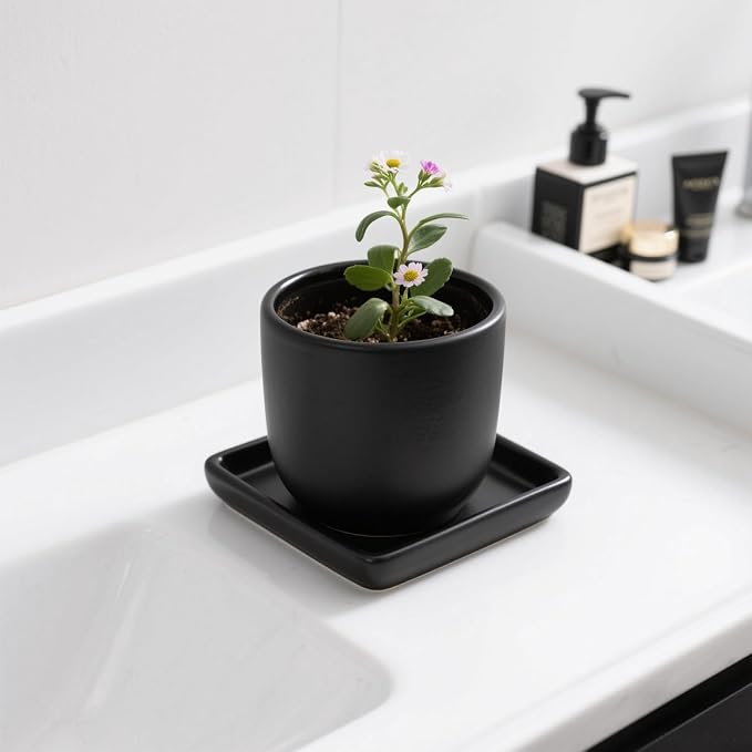 Square Ceramic Plant Saucer Tray 2 Pcs 4 Inch Black, 4.8" OD x3.9 ID x0.7 Deep| Sturdy Heavy Duty Glazed Planter Drip Flower pots with Catch Basin for Indoor Outdoor Plants(4" Black)
