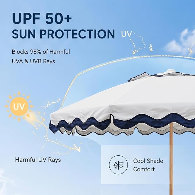 AMMSUN 7.8FT Outdoor Patio Umbrella, Boho Market Table Umbrella Wood Pole | Heavy-Duty Build Quality, UPF 50+ Sun Protection and Waterproof Canvas, Hand-Crafted Ash Wood Pole, Air Vent, a Carry Bag