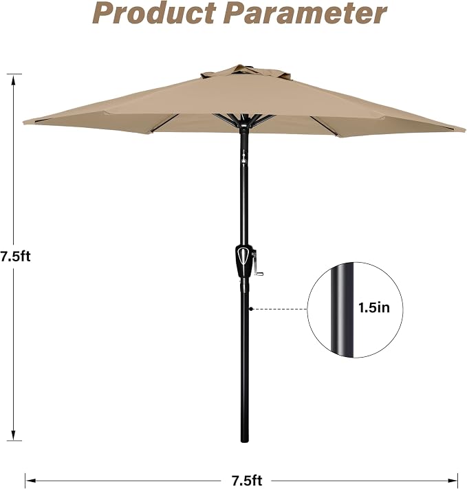 HealSmart 7.5ft Patio Umbrella with Push Button Tilt/Crank, Outdoor Table Market Yard Umbrella, 6 Sturdy Ribs for Garden, Deck, Backyard, Pool