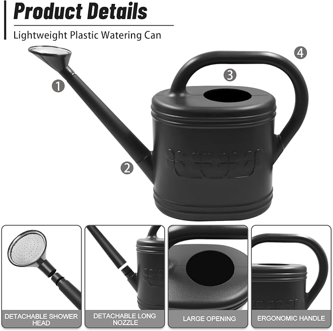 2 Gallon Watering Can, Outdoor Watering Can for Plants, Garden Water Can with Removable Long Spout and Stainless Steel Sprinkler Head, Large Water Can for Greenhouse (Black, 2 Gallon)