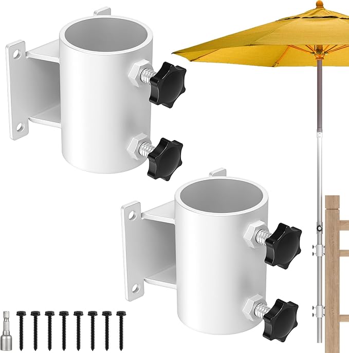 Deck Umbrella Mount Stainless Steel Patio Umbrella Holder, Umbrella Clamp Mount for Deck Railing Heavy Duty Outdoor Umbrella Clamp White（2 Pcs）