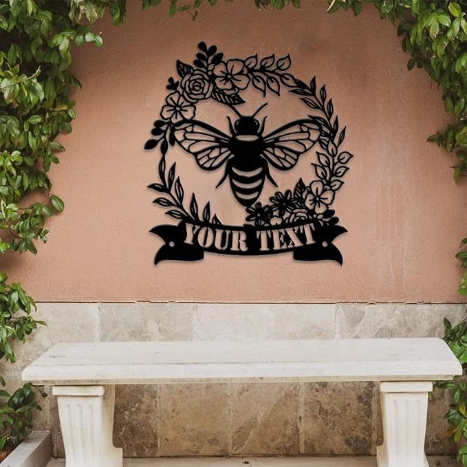 MeMate Personalized Metal Plaques, 8" - 24" Outdoor Decor, Bee & Flower Garden Signs, Rustic Shed Signs