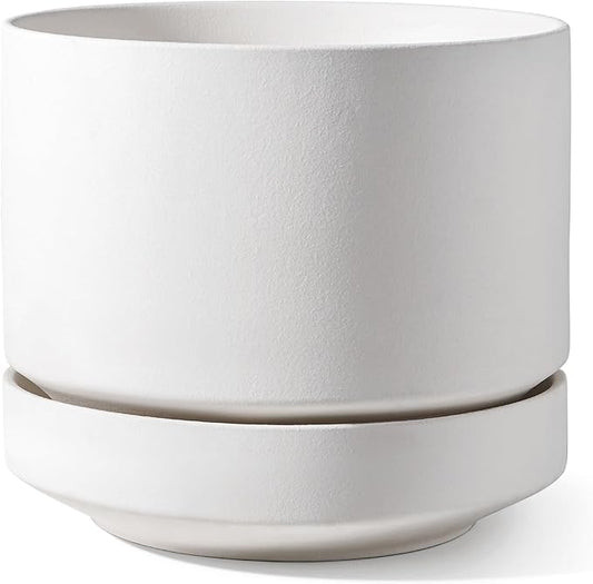 LE TAUCI 12 Inch Pots for Plants with Saucer | Ceramic Outdoor & Indoor Planter Pot for Plants | Drainage Hole, Mesh Pad | Unglazed Porous | Modern for Home, Office and Patio – Chalk White