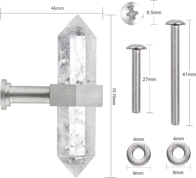 mookaitedecor Set of 2 Rock Quartz Double Crystal Points Drawer Knobs with Screws, Decorative Stone Cabinet Handle Pulls for Dresser Cupboard Kitchen Decor, Brushed Stainless Steel