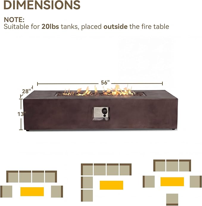 COSIEST Outdoor Propane Fire Pit Table 56-inch x 28-inch Rectangle Bronze Compact Concrete-Like Finish, 50,000 BTU, Free Lava Rocks, Fits 20lb Tank Outside, Raincover
