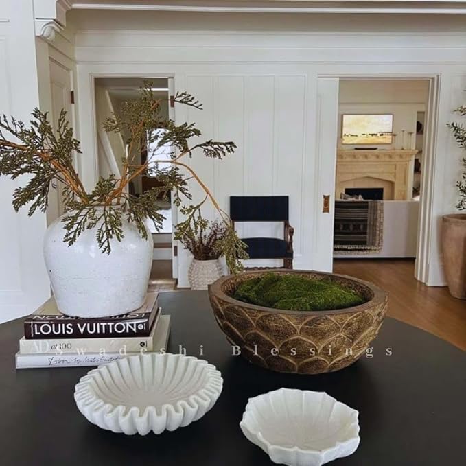 SWADESHI BLESSINGS HandCrafted Marble Lotus Bowl/Organic Modern Home Decor Bowl/Fruit Bowl/Vintage Ring Dish/Decorative Flower Dish/HouseWarming Gifts/Wedding Gifts/Urli (10 Inches)