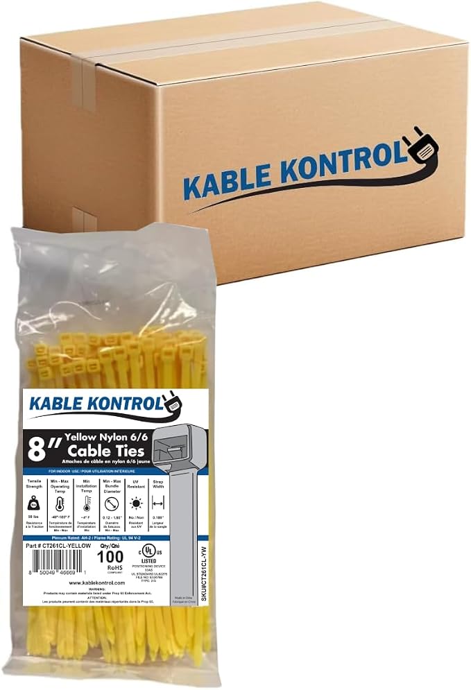 Kable Kontrol Yellow Zip Ties 8 Inch 10,000 Pcs, 50 Lbs Tensile Strength, Bulk Pack, Self-locking Nylon Colored Cable Ties Wire Wraps for Indoor or Outdoor Use