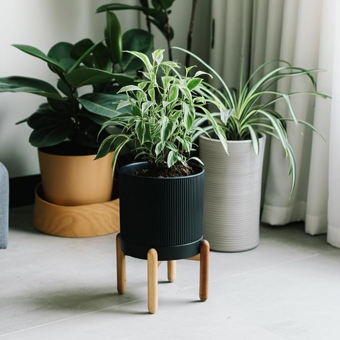 HERDUK 8 Inch Ceramic Planter with Natural Wood Stand w/Drainage & Saucer - Modern Indoor Planter for Cacti, Snake Plants & Aloe Vera Black