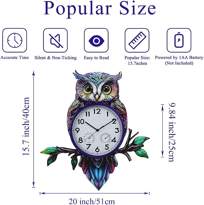 Large Outdoor Clock with Thermometer & Humidity, Owl Outdoor Wall Clock Silent No-Ticking Outside Clock for Patio, Living Room, Kitchen