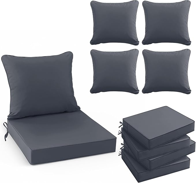 Summsun Waterproof Outdoor Cushions for Patio Furniture, Fade Resistant Backrest and Deep Seat Cushion Set with Removable Cover, 22 x 22 Inch, Dark Grey, Set of 4
