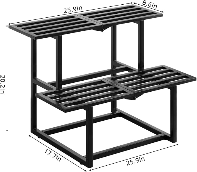 Plant Stand Indoor Outdoor, Foldable Metal Plant Shelf for Multiple Pots, Vintage Slatted Design, Suitable for a Variety of Houseplants and Gardens, Heavy Duty Capacity 330 lbs 2 Tier Black