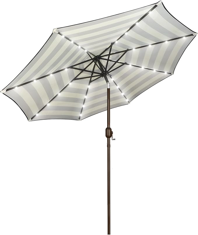 Blissun 9 ft Solar Umbrella, Patio Umbrella with 32 LED Lights, Table Market Umbrella, Outdoor Umbrella for Garden, Deck, Backyard, Black & Beige