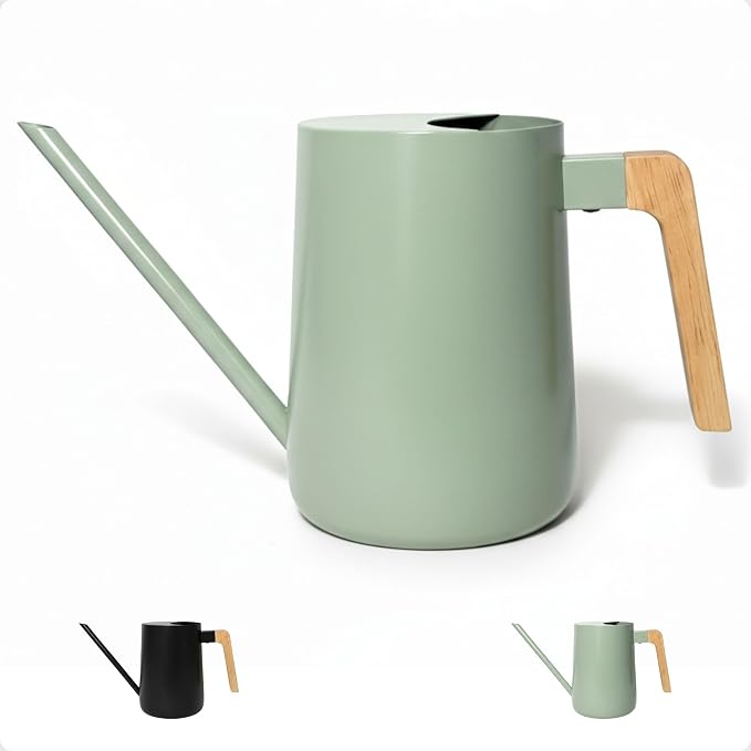 35 Ounce Metal Small Indoor Watering Can with Long Spout & Real Wood Handle for House Plants, Succulents, Cacti & Seedlings - Sage Green Long Spout Watering Can Indoor Plants - Gentle Flow & No Spills