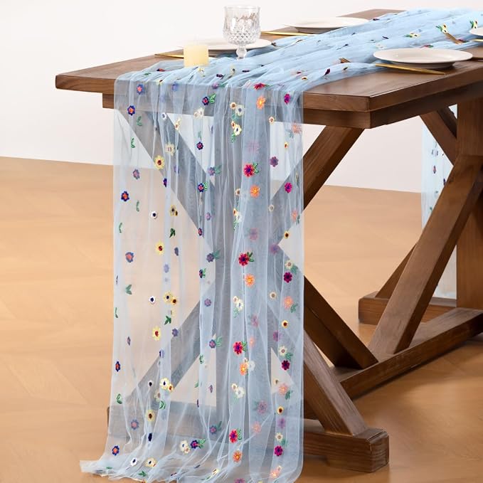 Socomi Flower Table Runner Summer Daisy Floral Tulle Gauze Cheesecloth Embroidery Table Runners for Tea Party Garden Wedding Bridal Baby Shower Birthday Picnic Decor Blue 1pc
