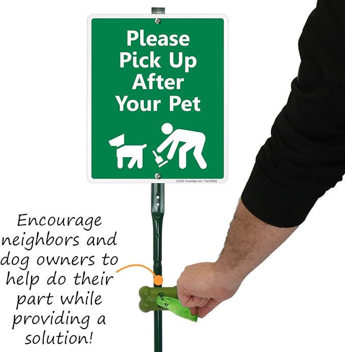 SmartSign Please Pick Up After Your Pet Yard Sign (Green/White), Clip-On Preloaded Dispenser Combo/Kit with 135 Dog Poop Waste Bags, 10"x12" Rust-proof Aluminum Sign with 3ft Steel Stake