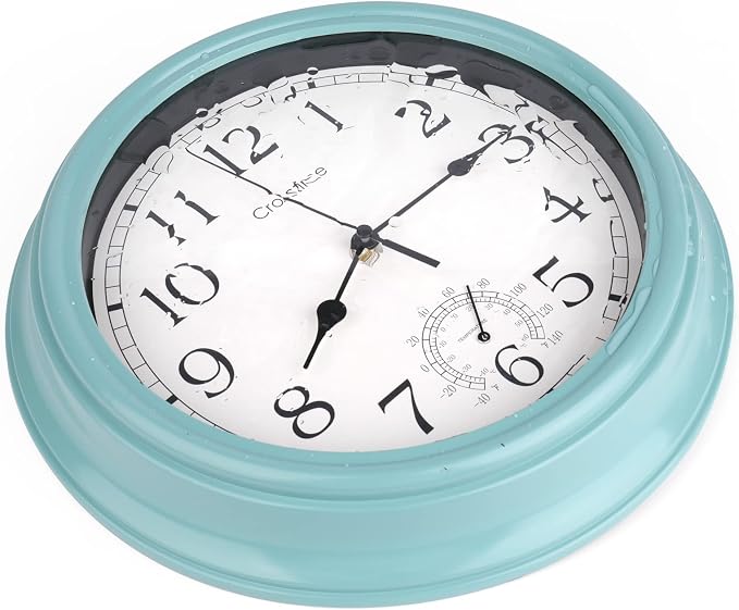 Crosstime 12 Inch Outdoor Clock Waterproof with Thermometer,Vintage Indoor Outdoor Wall Clocks for Patio, Pool, Garden, Backyard, Bathroom Decor - Teal