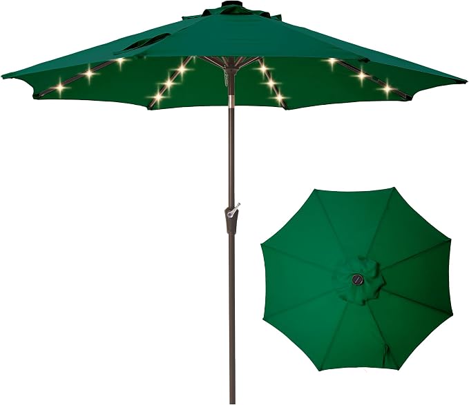 9FT Solar-Powered LED Patio Umbrella with Tilt Crank,Outdoor Market Umbrella with 32 Lights,Sunshade for Deck, Garden and Pool