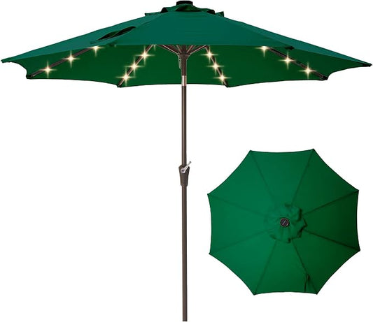 9FT Solar-Powered LED Patio Umbrella with Tilt Crank,Outdoor Market Umbrella with 32 Lights,Sunshade for Deck, Garden and Pool