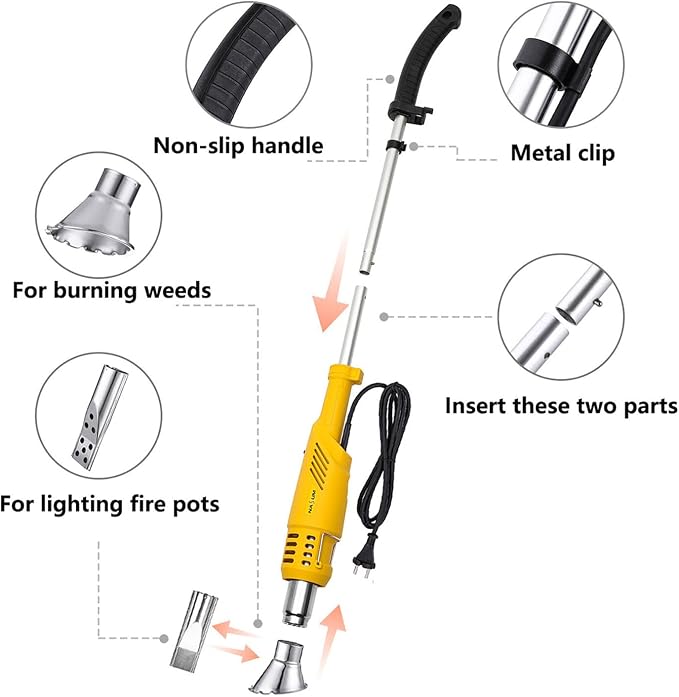 2000W Electric Thermal Weed Burner, 3-in-1 Hot Air Weed Killer with 60-650°C Dual Heat, Fast Airflow Garden Grass Remover, Portable Flame-Free Charcoal Igniter with Nozzles
