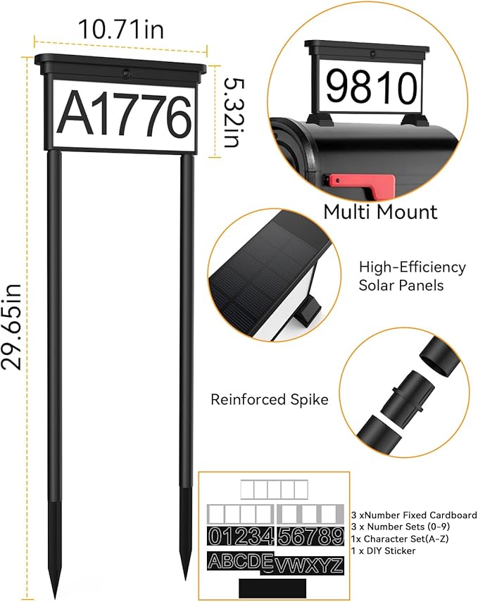 LumiZen New Upgraded Solar Address Sign,Double Sided Glow House Numbers with Auto On/Off, 3-Color Lighting Modes Mailbox Number Plaque Waterproof, Dual Stakes for Home Yard Driveway