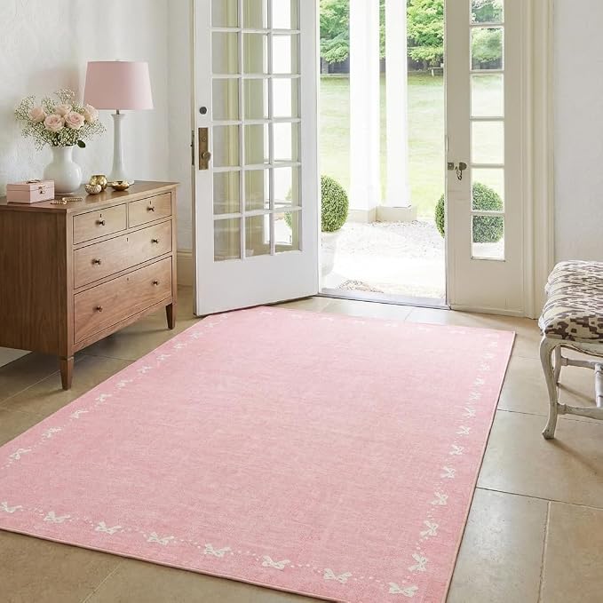 COZYLOOM 4x6 Bow Border Washable Rug for Entryway Indoor, Modern Solid Color Living Room Rug with Non Slip Backing, Stain Resistant Non Shedding Farmhouse Rugs for Bedroom, Dining Room, Nursery, Pink