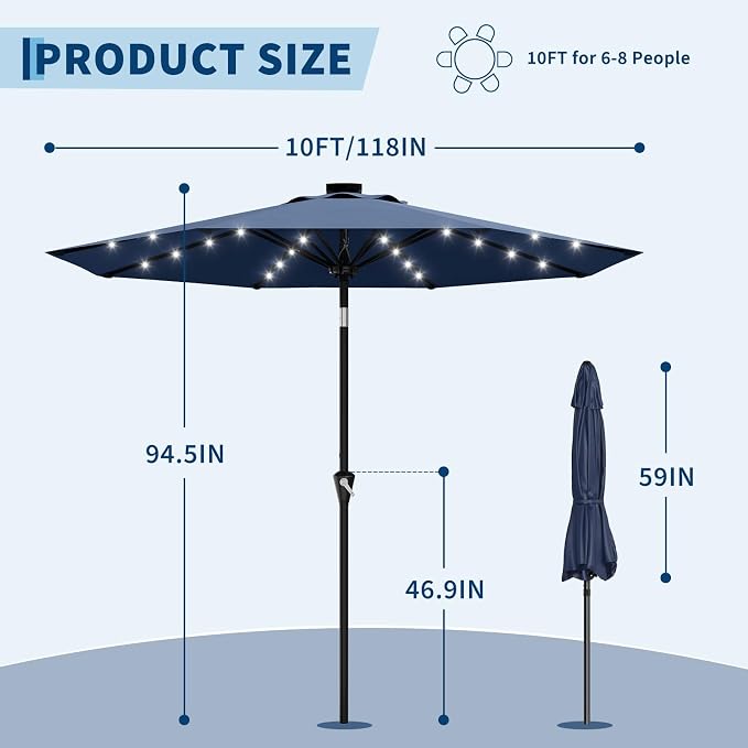 Patio Umbrella with Solar Lights, Outdoor Table Umbrella with 8 Durable Ribs, Tilt & Crank Mechanism, Water & UV Protection Sun Shade Umbrella for Garden, Poolside, Backyard (Navy Blue, 10 FT)