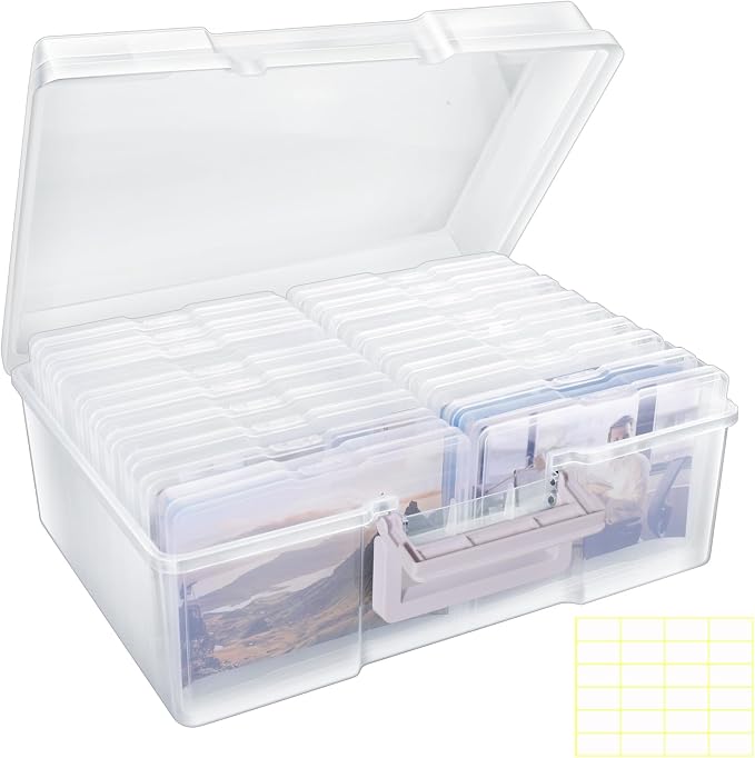 Photo Storage Box 5" x 7", Extra Large Photo Storage Container | 18 Inner Cases, Clear Picture Box with Handle, Seeds Organizer for Pictures, Arts, Crafts, Sewing, Stickers, Office Supplies