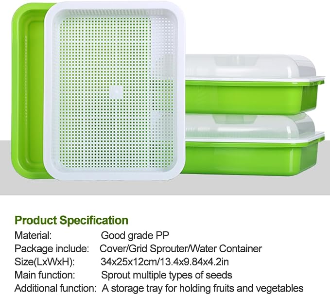 Seed Sprouter Tray with Lid BPA Free PP Sprouting Kit for Beans, Wheatgrass | Food-Grade PP, Soil-Free Large Capacity, Drainage Sprouting Kit for Mung Beans, Microgreens & Hydroponic Growing