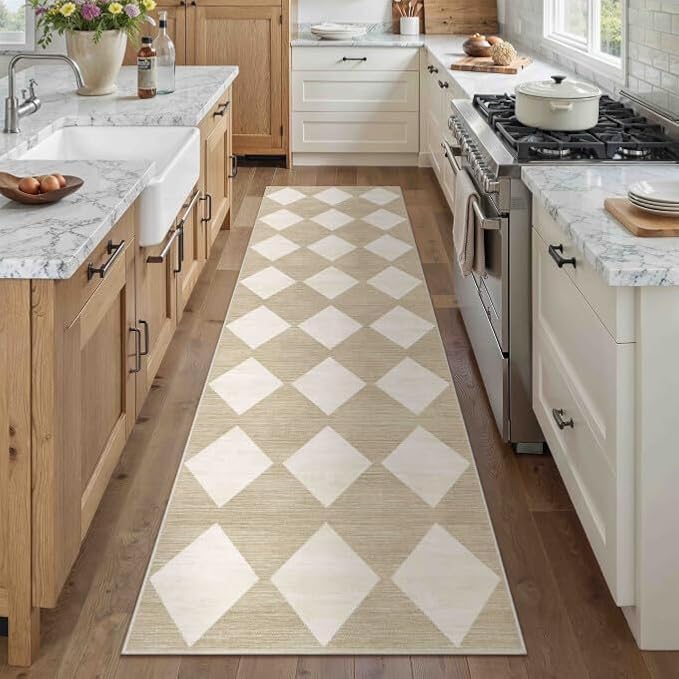 2x8 Washable Runner Rug Kitchen Beige Non Slip Checkered Carpet | Soft, Low Pile, Easy Clean, Diamond Pattern for Hallway, Entryway, Laundry Room, Bathroom, Modern Neutral Decor