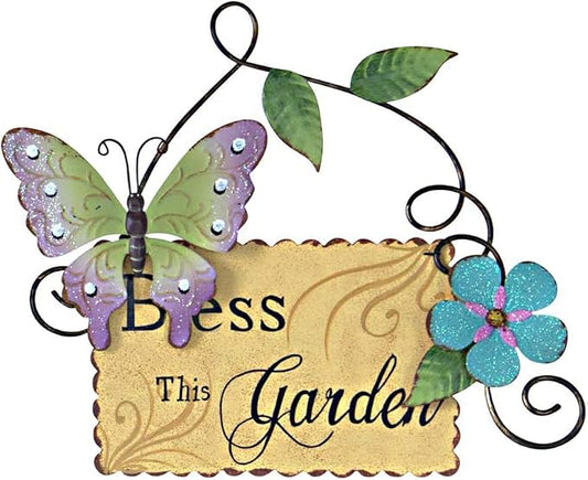 Linfevisi Metal Garden Welcome Sign Decor Rustic Hanging Plaque Decorative Garden Hanging Sign Bless This Garden Door Sign with Butterfly Daisy Outdoor Front Porch Yard 10 Inch (Yellow)
