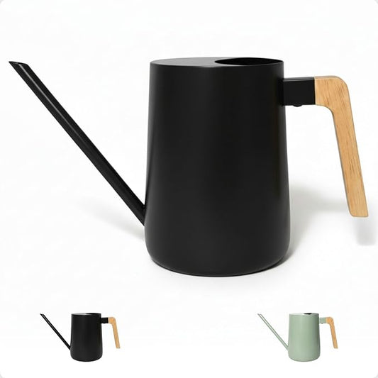 35 Ounce Metal Small Indoor Watering Can with Long Spout & Real Wood Handle for House Plants, Succulents, Cacti & Seedlings - Black Long Spout Watering Can Indoor Plants - Gentle Flow & No Spills