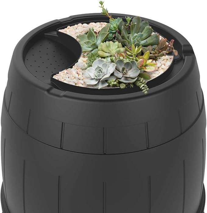 Garden Central 39-Gallon Knock Down Rain Barrel with Brass Spigot, Black – Plastic Outdoor Water Collection Container with Planter Top – Irrigation Supply for Gardening, Lawn & Landscaping