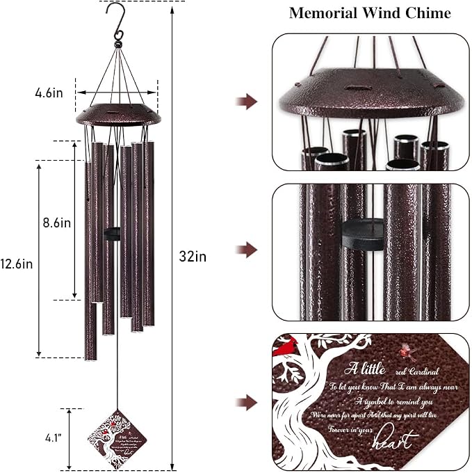 Memorial Wind Chime with Cardinal Bird and Tree – Sympathy Gift for Loss of Loved One – Bereavement Wind Chime with Saying “A Little Red Cardinal Bird to Let You Know” for Garden or Outdoor Decor