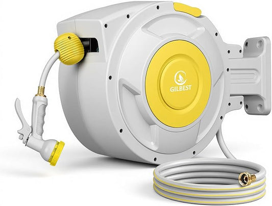 5/8" x 100 ft Retractable Garden Hose Reel, Heavy Duty Water Hose Reel Wall Mounted, Any Length Lock, 180°Swivel, Water Hose with 8-Function Nozzle for Cleaning, Watering(Yellow)