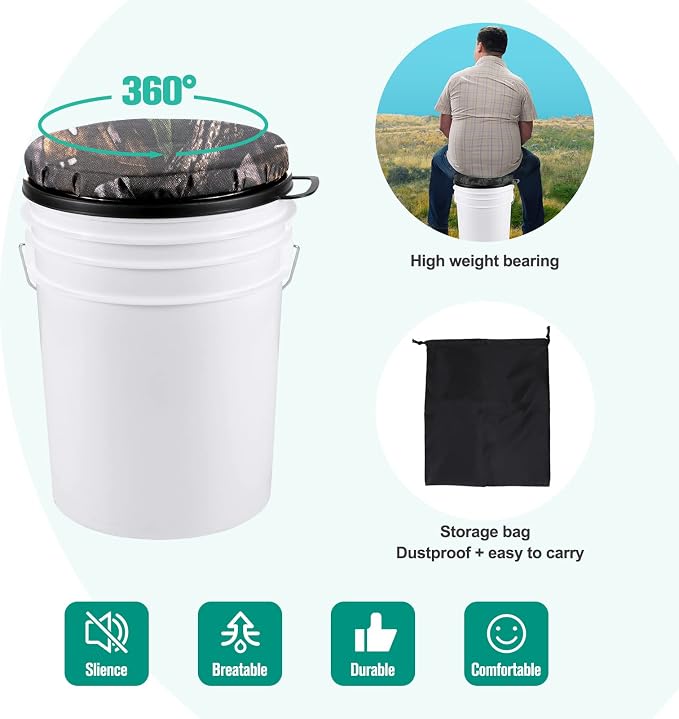 5 Gallon Bucket Seat, 360-Degree Swivel Seat Foam Cushion Bucket Seat Lid with Waterproof Cover for Dove Duck Hunting, Fishing, Baseball, Gardening and Camping
