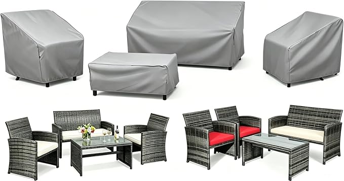 STARTWO Outdoor Furniture Cover Waterproof, 4 Piece Patio Furniture Set Cover for Outside Couch, Lawn Chairs, Coffee Table, Windproof with Buckle Strap, Grey